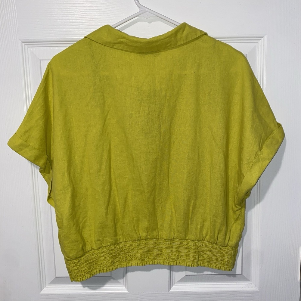 NWT Marc New York Jeans L Linen Blend Cropped Camp Shirt Chartreuse Lime Green - Picture 4 of 8